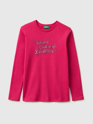 Benetton, T-shirt With Glittery Logo In Organic Cotton, Size: XL, Fuchsia, Kids United Colors of Benetton