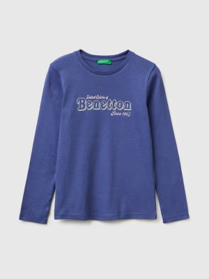 Benetton, T-shirt With Glittery Logo In Organic Cotton, Size: XL, Violet, Kids United Colors of Benetton