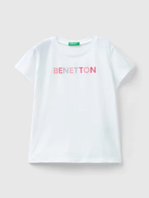 Benetton, T-shirt With Glittery Logo In Organic Cotton, size XL, White, Kids United Colors of Benetton