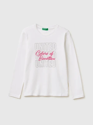 Benetton, T-shirt With Glittery Logo In Organic Cotton, Size: XL, White, Kids United Colors of Benetton