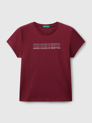 Benetton, T-shirt With Glittery Logo, Size: XL, Burgundy, Kids United Colors of Benetton