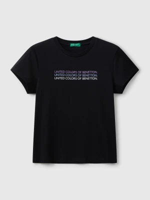 Benetton, T-shirt With Glittery Logo, size XL, Black, Kids United Colors of Benetton