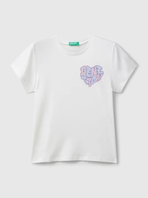 Benetton, T-shirt With Glittery Logo, Size: XL, Creamy White, Kids United Colors of Benetton