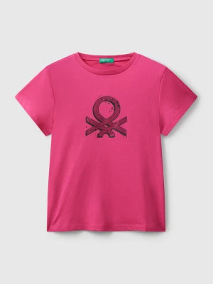 Benetton, T-shirt With Glittery Logo, size XL, Fuchsia, Kids United Colors of Benetton