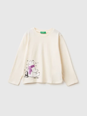 Benetton, T-shirt With Glittery Print, Size: 116, Creamy White, Kids United Colors of Benetton