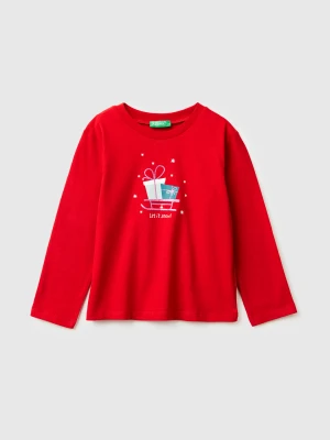 Benetton, T-shirt With Glittery Print, Size: 116, Red, Kids United Colors of Benetton