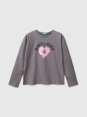 Benetton, T-shirt With Glittery Print, size S, Dark Gray, Kids United Colors of Benetton