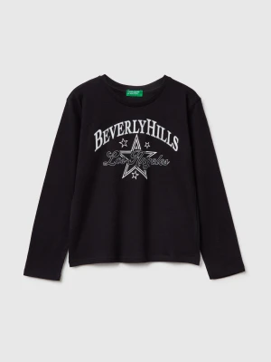 Benetton, T-shirt With Glittery Print, Size: XL, Black, Kids United Colors of Benetton