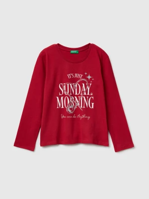 Benetton, T-shirt With Glittery Print, Size: XL, Coral, Kids United Colors of Benetton