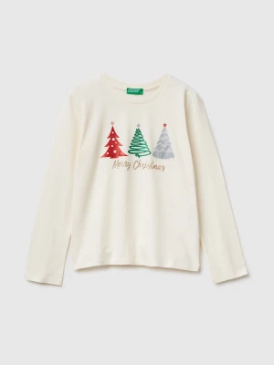 Benetton, T-shirt With Glittery Print, Size: XL, Creamy White, Kids United Colors of Benetton