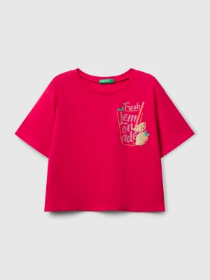 Benetton, T-shirt With Glittery Print, size 3XL, Fuchsia, Kids United Colors of Benetton