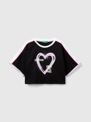 Benetton, T-shirt With Graffiti Print And Rhinestone, size L, Black, Kids United Colors of Benetton