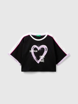 Benetton, T-shirt With Graffiti Print And Rhinestone, size M, Black, Kids United Colors of Benetton