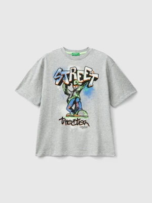 Benetton, T-shirt With Graffiti Print, size 2XL, Light Gray, Kids United Colors of Benetton