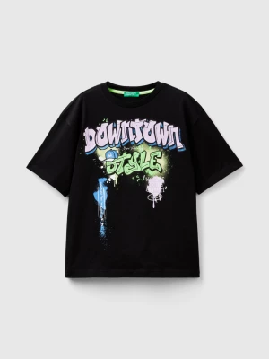 Benetton, T-shirt With Graffiti Print, size L, Black, Kids United Colors of Benetton