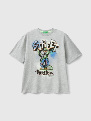 Benetton, T-shirt With Graffiti Print, size L, Light Gray, Kids United Colors of Benetton