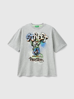 Benetton, T-shirt With Graffiti Print, size M, Light Gray, Kids United Colors of Benetton