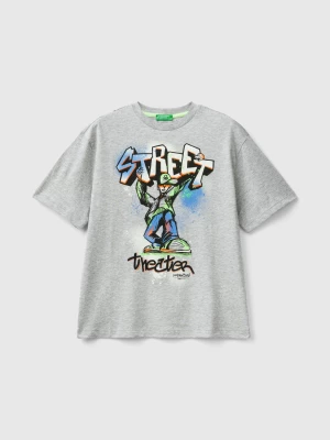 Benetton, T-shirt With Graffiti Print, size M, Light Gray, Kids United Colors of Benetton