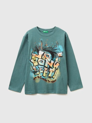 Benetton, T-shirt With Graffiti Print, Size: XL, Turquoise, Kids United Colors of Benetton