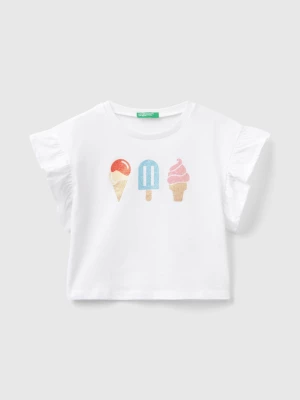 Benetton, T-shirt With Ice-cream Print And Glitter, size 110, White, Kids United Colors of Benetton