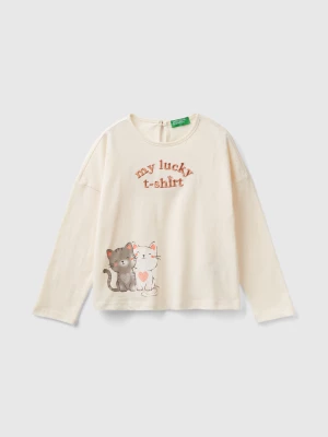 Benetton, T-shirt With Kitten Print, size 110, Creamy White, Kids United Colors of Benetton