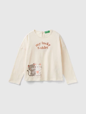 Benetton, T-shirt With Kitten Print, size 82, Creamy White, Kids United Colors of Benetton