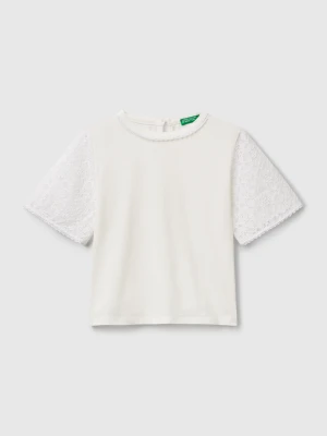 Benetton, T-shirt With Lace Sleeve, size XL, Creamy White, Kids United Colors of Benetton