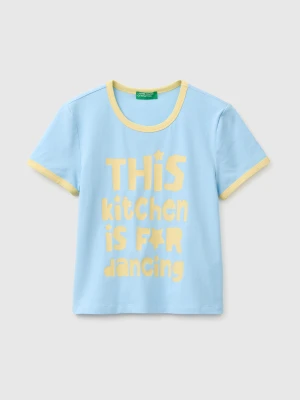 Benetton, T-shirt With Lettering Print, Size: L, Light Blue, Women United Colors of Benetton