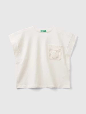 Benetton, T-shirt With Macramé Patch, size L, Creamy White, Kids United Colors of Benetton