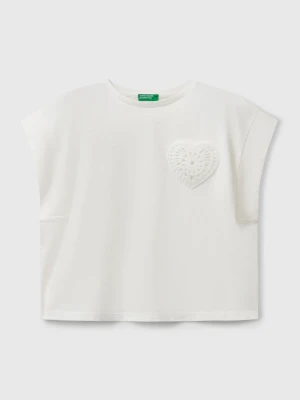 Benetton, T-shirt With Macramé Patch, size XL, Creamy White, Kids United Colors of Benetton