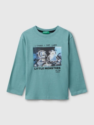 Benetton, T-shirt With Monster Print, Size: 90, Sky Blue, Kids United Colors of Benetton