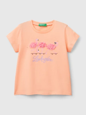 Benetton, T-shirt With Petal Effect Applique, Size: 116, Peach, Kids United Colors of Benetton