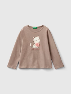 Benetton, T-shirt With Petal Effect Applique, size 90, Dove Gray, Kids United Colors of Benetton