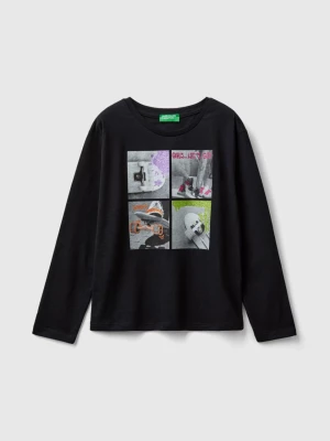 Benetton, T-shirt With Photo Print And Glitter, size 3XL, Black, Kids United Colors of Benetton
