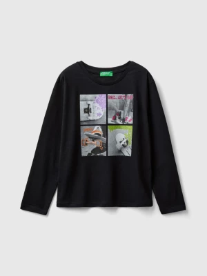 Benetton, T-shirt With Photo Print And Glitter, size S, Black, Kids United Colors of Benetton