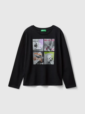 Benetton, T-shirt With Photo Print And Glitter, size S, Black, Kids United Colors of Benetton