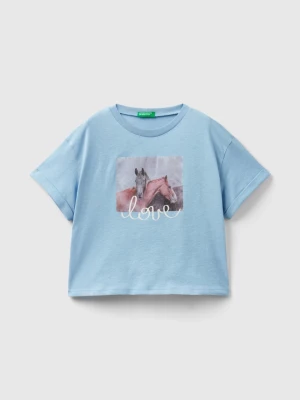 Benetton, T-shirt With Photographic Horse Print, size 2XL, Sky Blue, Kids United Colors of Benetton