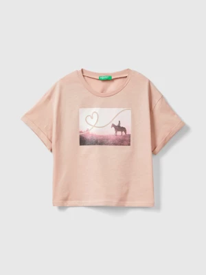 Benetton, T-shirt With Photographic Horse Print, size 2XL, Soft Pink, Kids United Colors of Benetton