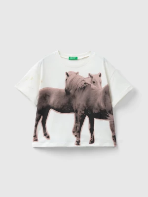Benetton, T-shirt With Photographic Horse Print, size L, Creamy White, Kids United Colors of Benetton