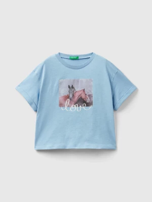 Benetton, T-shirt With Photographic Horse Print, size L, Sky Blue, Kids United Colors of Benetton