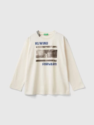 Benetton, T-shirt With Photographic Print In Organic Cotton, size 2XL, Creamy White, Kids United Colors of Benetton