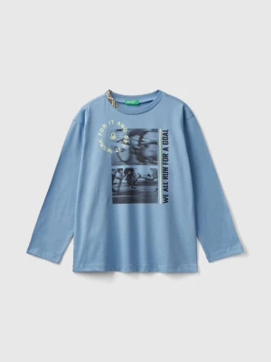 Benetton, T-shirt With Photographic Print In Organic Cotton, size 2XL, Light Blue, Kids United Colors of Benetton