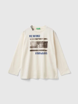 Benetton, T-shirt With Photographic Print In Organic Cotton, size L, Creamy White, Kids United Colors of Benetton