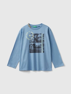 Benetton, T-shirt With Photographic Print In Organic Cotton, size M, Light Blue, Kids United Colors of Benetton