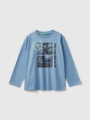 Benetton, T-shirt With Photographic Print In Organic Cotton, size S, Light Blue, Kids United Colors of Benetton
