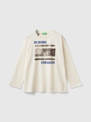 Benetton, T-shirt With Photographic Print In Organic Cotton, size XL, Creamy White, Kids United Colors of Benetton