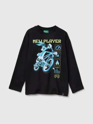 Benetton, T-shirt With Photographic Print, Size: XL, Black, Kids United Colors of Benetton
