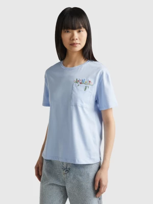 Benetton, T-shirt With Pocket And Embroidery, size XS, Sky Blue, Women United Colors of Benetton