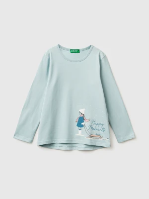 Benetton, T-shirt With Print And Embroidery, Size: 116, Aqua, Kids United Colors of Benetton