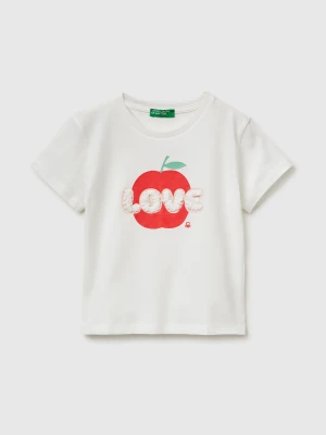 Benetton, T-shirt With Print And Embroidery, Size: 116, Creamy White, Kids United Colors of Benetton